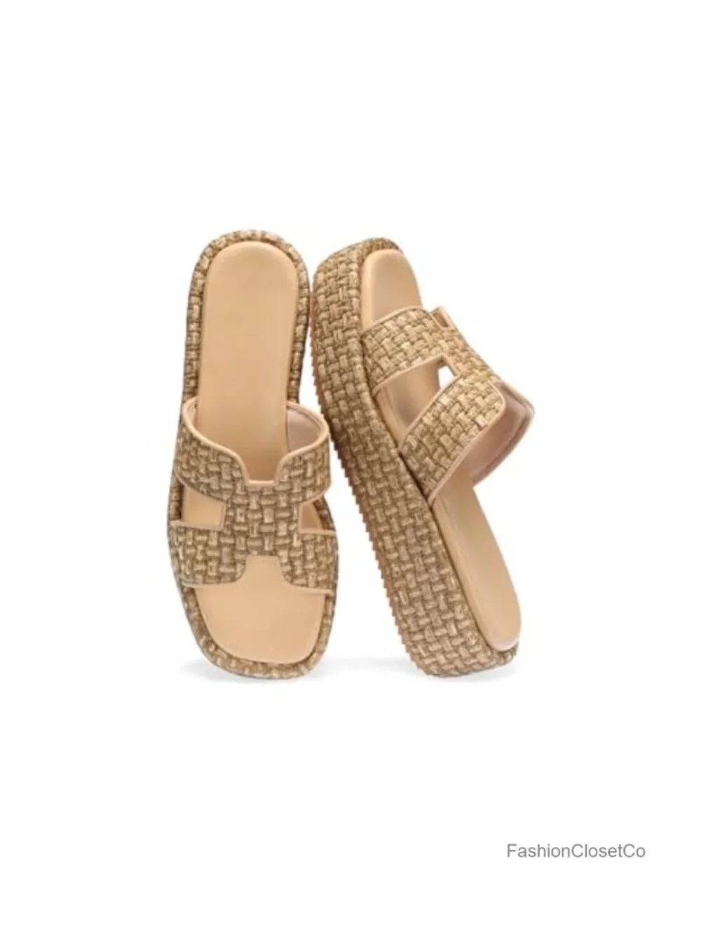 Woven Raffia Espadrille Platform Sandals Slip-On Wedge Slides